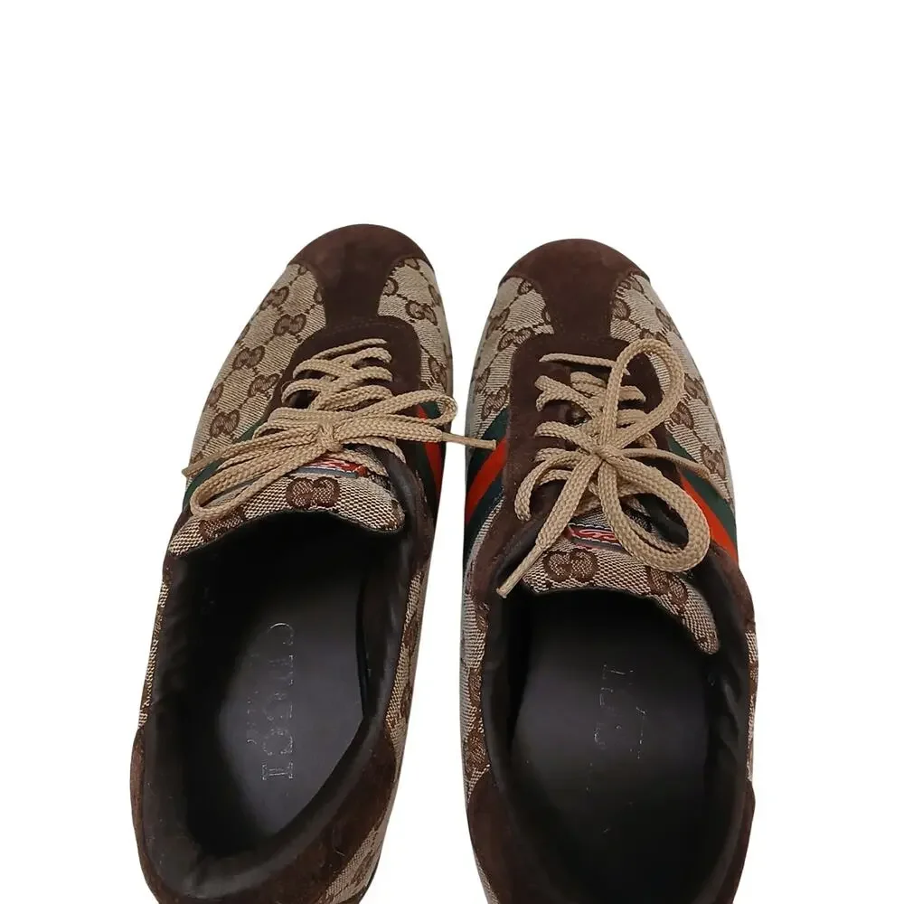 Gucci Web Detail Trainers Men 9.5 GG Canvas Suede Brown Tan Logo w‎ BOX AND Card